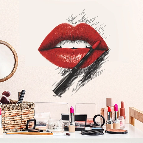 Sexy Lèvres Rouges Pinceau à Rouge à Lèvres Artistique Sticker Mural PVC Autocollant Décoratif Pour Chambre Salon