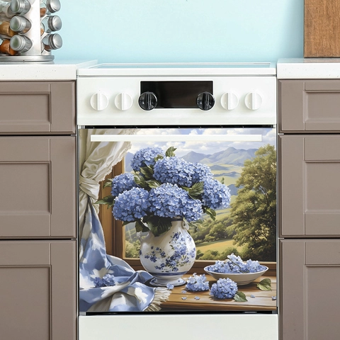 Adesivo da Parete con Ortensia Blu in PVC Impermeabile per Decorazione Cucina Lavastoviglie Casa Arte Murale Estetica