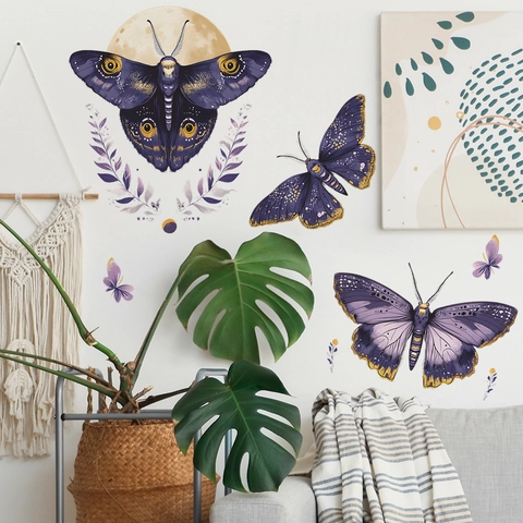 Bohemian Lila Motte Schmetterling Wandaufkleber Mit Mond Blätter Muster PVC Dekorative Wandtattoo Für Schlafzimmer Wohnzimmer
