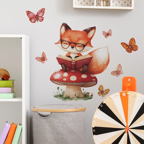 Cartoon Watercolor Fox Reading On Mushroom Wall Sticker Cute Animal Butterfly Decorative PVC Decal For Kids Room Nursery Bedroom