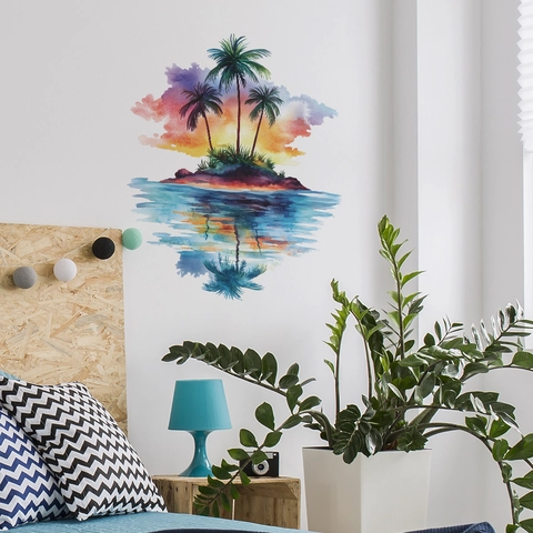 Pegatinas de Pared Acuarela Isla Tropical Atardecer Palmera PVC Impermeable Removible Decoración Hogar para Dormitorio Sala de Estar Baño