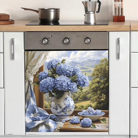 Adesivo da Parete con Ortensia Blu in PVC Impermeabile per Decorazione Cucina Lavastoviglie Casa Arte Murale Estetica