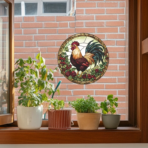 Runder Fensteraufkleber Hahn Im Bleiglas Design PVC Dekorative Laserfolie Für Haus Küche Glas Wanddekoration