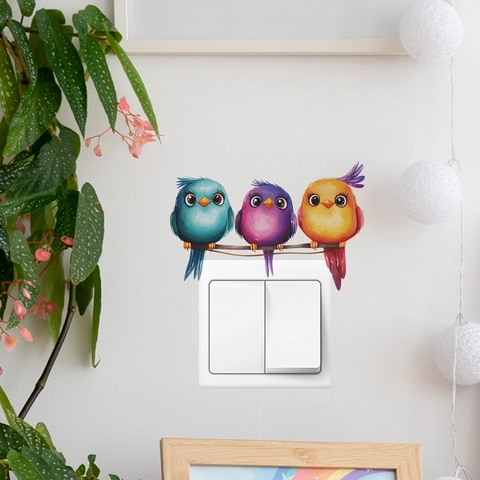 Adesivo da Parete per Interruttore Luce con Uccelli Cartone Animato su Ramo in PVC Removibile per Decorazione Casa