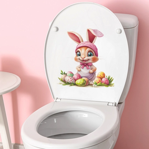 Adhesivo de Inodoro Conejo de Pascua PVC Impermeable Calcomanía de Baño Lindo Conejo Dibujos Animados Decoración Hogar