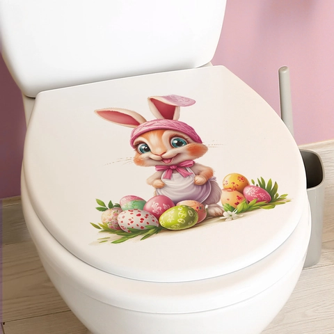 Adhesivo de Inodoro Conejo de Pascua PVC Impermeable Calcomanía de Baño Lindo Conejo Dibujos Animados Decoración Hogar