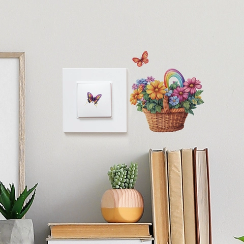 Bunter Blumenkorb Schmetterling Wandaufkleber PVC Regenbogen Deko Aufkleber Für Schalter Wohnzimmer Schlafzimmer Home Deko