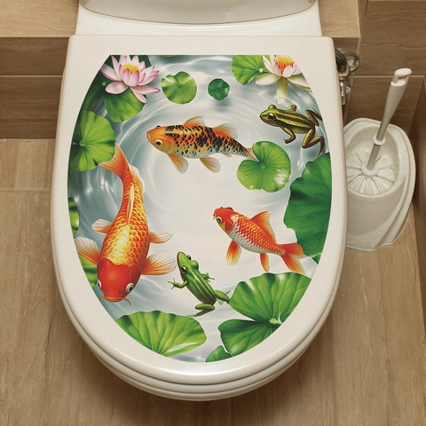 3D Koi Fish Lotus Pond Toilet Lid Sticker PVC Waterproof Self Adhesive Decorative Decal For Bathroom Home Beautification