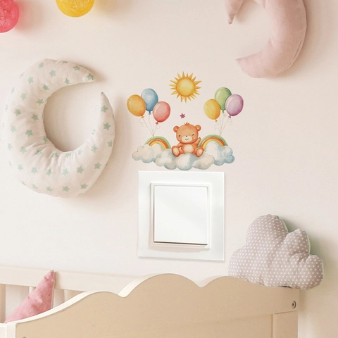 Cartoon Bear Balloon Wall Sticker For Kids Room Light Switch Decor Watercolor Rainbow Sun PVC Removable Nursery Art Decal