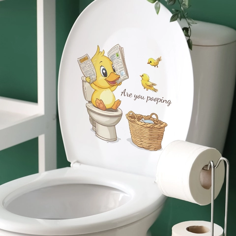 Divertida Pegatina de Inodoro Pato Amarillo Leyendo Periódico PVC Impermeable Dibujos Animados Calcomanía de Baño Decoración del Hogar