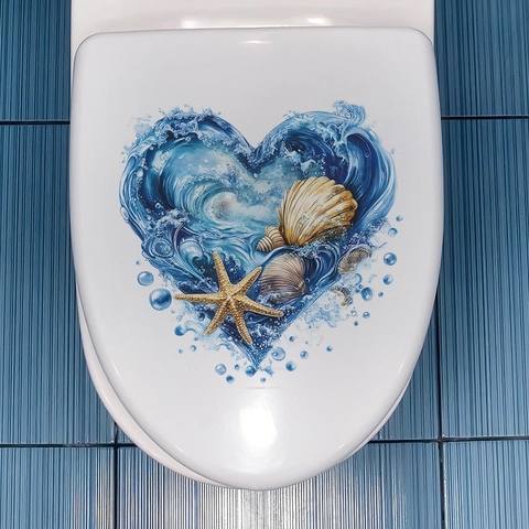 Ocean Undersea World Heart Shape Toilet Sticker Waterproof PVC Shell Starfish Wave Pattern Decal For Bathroom Home Decor