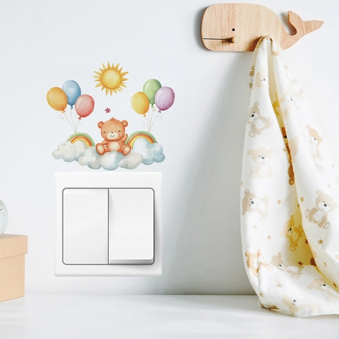 Cartoon Bear Balloon Wall Sticker For Kids Room Light Switch Decor Watercolor Rainbow Sun PVC Removable Nursery Art Decal