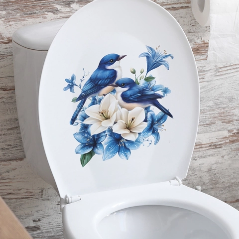 Pegatina para Inodoro Pájaro Azul y Lirio Blanco PVC Impermeable Decoración de Baño Pegatina de Pared Autoadhesiva Hogar