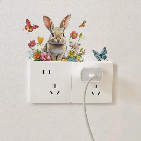 Cartoon Rabbit Butterfly Floral Switch Sticker PVC Waterproof Decorative Wall Decal for Bedroom Living Room Home Decor