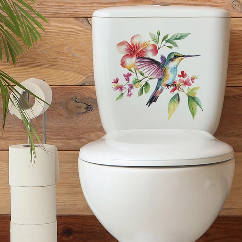 Kolibrie En Hibiscus Bloem Toiletsticker PVC Zelfklevend Badkamerdeksel Decor Aquarel Geschilderde Muurkunst Voor Huisdecoratie
