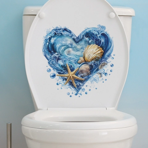 Ocean Undersea World Heart Shape Toilet Sticker Waterproof PVC Shell Starfish Wave Pattern Decal For Bathroom Home Decor