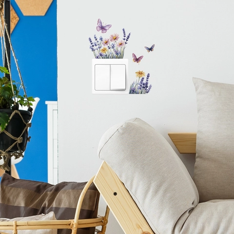 Pegatina de Pared para Interruptor de Luz Flores Mariposa Acuarela PVC Removible Flor Botánica Decorativa Dormitorio