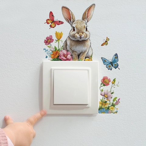 Cartoon Rabbit Butterfly Floral Switch Sticker PVC Waterproof Decorative Wall Decal for Bedroom Living Room Home Decor
