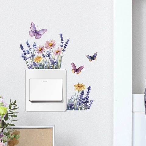 Pegatina de Pared para Interruptor de Luz Flores Mariposa Acuarela PVC Removible Flor Botánica Decorativa Dormitorio