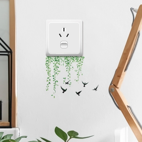 Cartoon Green Plants Leaves And Birds Wall Sticker For Light Switch Background Decoration PVC Waterproof Removable Decal