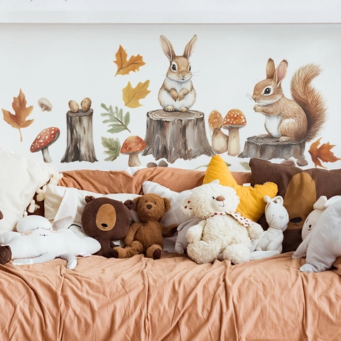 Watercolor Forest Animal Wall Stickers PVC Rabbit Squirrel Fox Autumn Decals For Kids Nursery Bedroom Living Room Decor