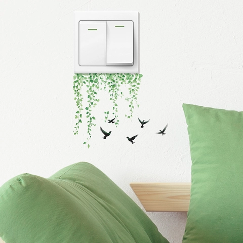 Cartoon Green Plants Leaves And Birds Wall Sticker For Light Switch Background Decoration PVC Waterproof Removable Decal
