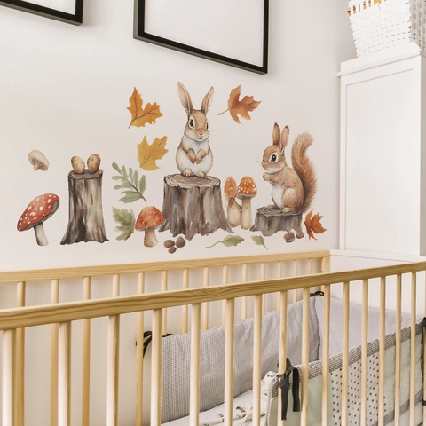 Watercolor Forest Animal Wall Stickers PVC Rabbit Squirrel Fox Autumn Decals For Kids Nursery Bedroom Living Room Decor