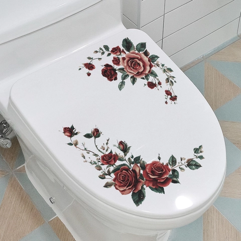 Watercolor Red Rose Flower Green Leaves Toilet Lid Sticker Waterproof PVC Bathroom Decor Decal For Wall Mirror Home Ornament