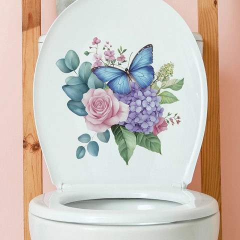 Pegatina para Inodoro de Acuarela Rosa Mariposa Baño Impermeable Autoadhesivo PVC Calcomanía de Pared Floral Decoración