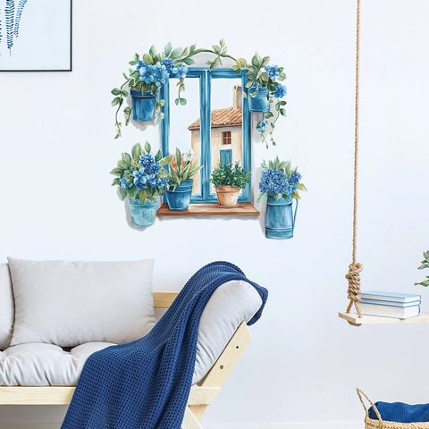 Mediterraner Aquarell Falsches Fenster Wandtattoo Blaue Hortensie Blume PVC Selbstklebend Wandaufkleber Für Wohnzimmer Home Dekoration