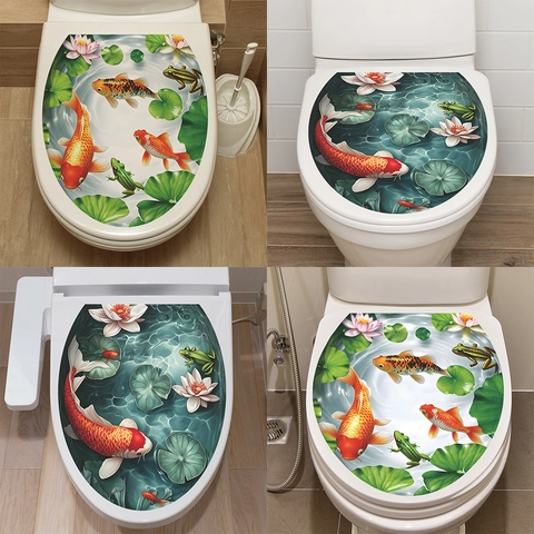 3D Koi Fish Lotus Pond Toilet Lid Sticker PVC Waterproof Self Adhesive Decorative Decal For Bathroom Home Beautification