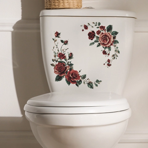 Watercolor Red Rose Flower Green Leaves Toilet Lid Sticker Waterproof PVC Bathroom Decor Decal For Wall Mirror Home Ornament