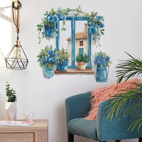 Mediterraner Aquarell Falsches Fenster Wandtattoo Blaue Hortensie Blume PVC Selbstklebend Wandaufkleber Für Wohnzimmer Home Dekoration