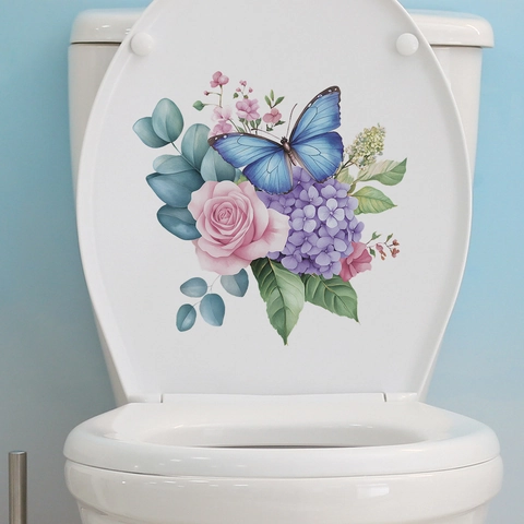 Pegatina para Inodoro de Acuarela Rosa Mariposa Baño Impermeable Autoadhesivo PVC Calcomanía de Pared Floral Decoración