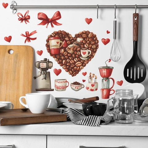 Creative Coffee Bean Heart Wall Sticker Hand Painted Coffee Cup Coffee Machine PVC Self Adhesive Decal For Kitchen Decor