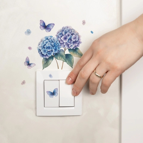 Adesivi Murali con Ortensie e Farfalle ad Acquerello in PVC Removibili Autoadesivi Per Camera da Letto Soggiorno Interruttore Decorazioni Casa