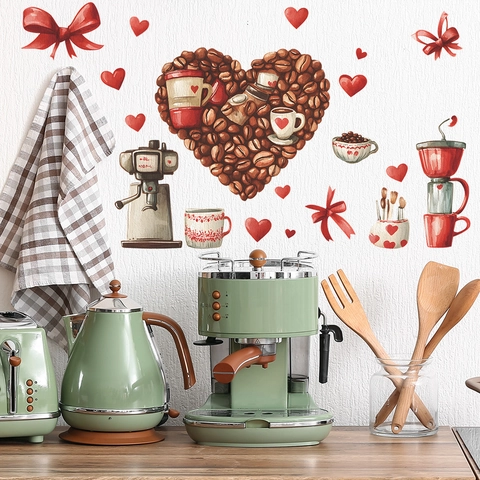 Creative Coffee Bean Heart Wall Sticker Hand Painted Coffee Cup Coffee Machine PVC Self Adhesive Decal For Kitchen Decor