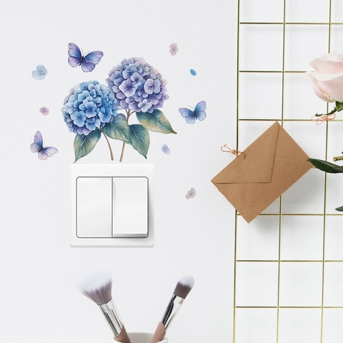 Adesivi Murali con Ortensie e Farfalle ad Acquerello in PVC Removibili Autoadesivi Per Camera da Letto Soggiorno Interruttore Decorazioni Casa