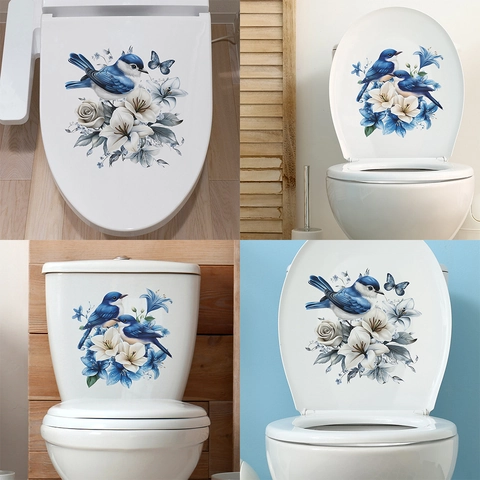 Pegatina para Inodoro Pájaro Azul y Lirio Blanco PVC Impermeable Decoración de Baño Pegatina de Pared Autoadhesiva Hogar