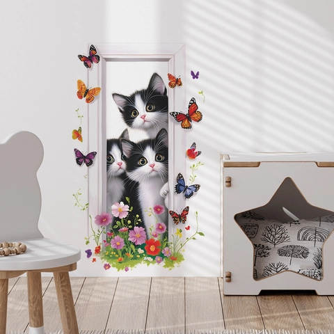 3D Visueller Effekt Katze Wandtattoo PVC Abnehmbarer Aufkleber Mit Bunten Schmetterling Blumen Für Schlafzimmer Wohnzimmer Kinder Home Decor