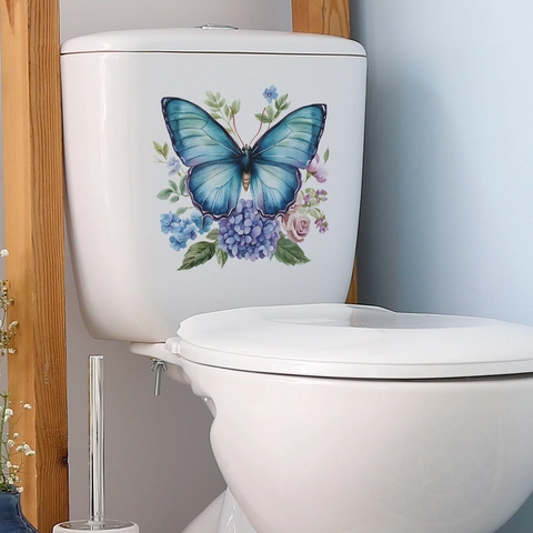 Pegatina de Inodoro de PVC con Mariposa Azul y Flor de Hortensia en Acuarela Calcomanía Impermeable para Tapa de Baño Hogar