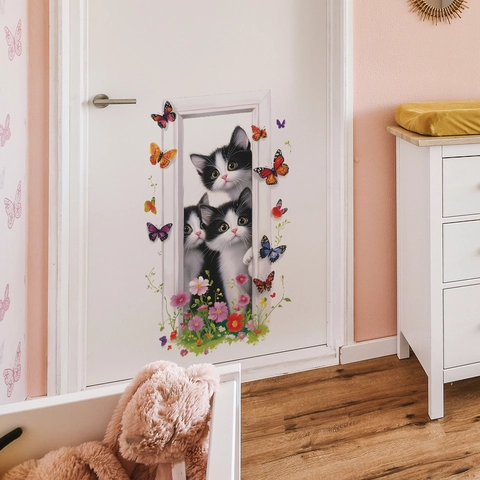 3D Visueller Effekt Katze Wandtattoo PVC Abnehmbarer Aufkleber Mit Bunten Schmetterling Blumen Für Schlafzimmer Wohnzimmer Kinder Home Decor