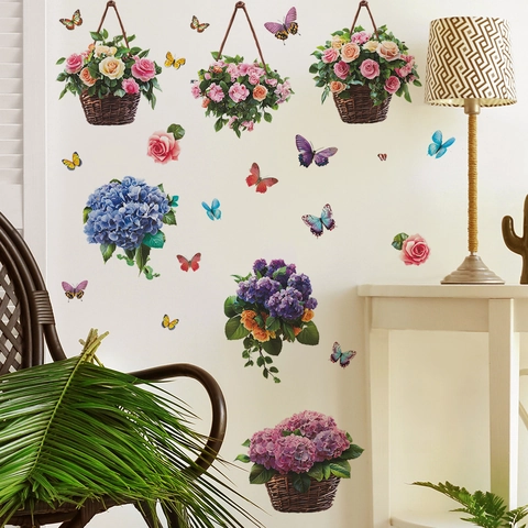 Adesivi Murali Estetici Cesto di Fiori Rosa Ortensia Farfalla PVC Decalcomanie Murali Decorative per Soggiorno Camera da Letto Decorazioni Casa