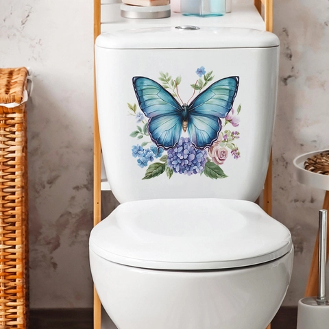 Pegatina de Inodoro de PVC con Mariposa Azul y Flor de Hortensia en Acuarela Calcomanía Impermeable para Tapa de Baño Hogar