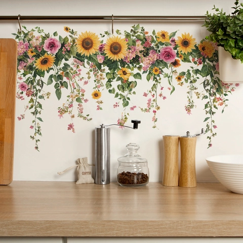 Sunflower Rose Floral Garland Wall Sticker PVC Self Adhesive Removable Home Background Decorative Nature Pastoral Wall Decal