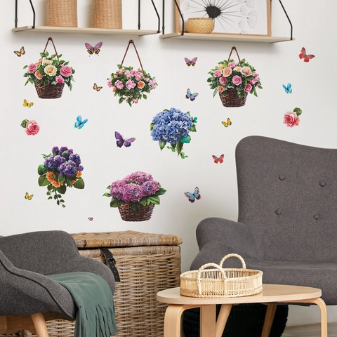 Adesivi Murali Estetici Cesto di Fiori Rosa Ortensia Farfalla PVC Decalcomanie Murali Decorative per Soggiorno Camera da Letto Decorazioni Casa