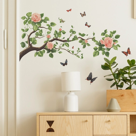 Pegatina de Pared de Ramas de Flores de Rosa Rosa y Mariposas de Colores Autoadhesiva Removible Decoración para Sala de Estar Dormitorio Fondo Hogar