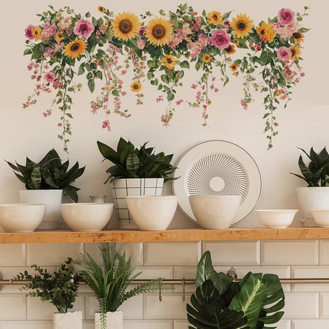 Sunflower Rose Floral Garland Wall Sticker PVC Self Adhesive Removable Home Background Decorative Nature Pastoral Wall Decal