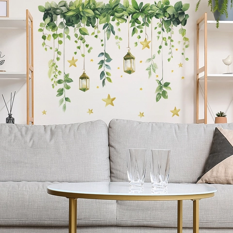 Watercolor Green Vines Hanging Lamps Stars Wall Stickers PVC Decal For Bedroom Living Room Home Background Decoration