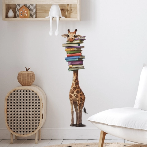 Adesivo da Parete Girafe Cartone Animato Con Libri PVC Autoadesivo Decalcomania Decorativa per Cameretta Bambini Camera da Letto